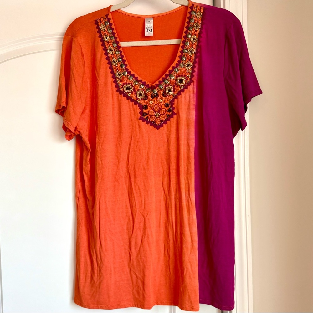 Thomas and Olivia Embroidered and Beaded Orange and Purple Women's Top NWOT